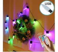 Светодиодная гирлянда с лампочками RGB - 12 цветов, 10 ламп, 2 метра, пульт ДУ, USB