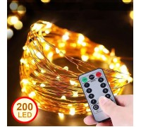 LED нить с пультом д/у - 20 м 200 ламп, теплый-белый, USB