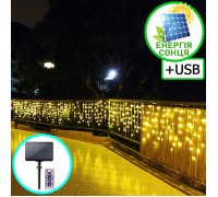 Солнечная + зарядка USB, светодиодная гирлянда "Дождик", 10 м, 300 led, пульт ДУ, 8 режимов, теплый белый
