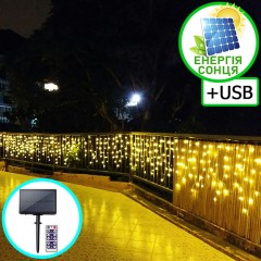 Солнечная + зарядка USB, светодиодная гирлянда "Дождик", 3 м, 128 led, пульт ДУ, 8 режимов, теплый белый