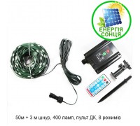 Светодиодная нить в зеленом кожухе, на солнечной батарее + зарядка USB, 400 светодиодов, 50 м, 8 режимов, теплый белый