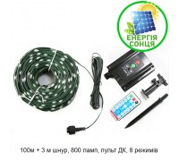 Светодиодная нить в зеленом кожухе, на солнечной батарее, 800 светодиодов, 100 м, 8 режимов, теплый белый