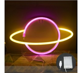 Настенный LED декор "Неоновая планета", батарейки / USB желто-розовая